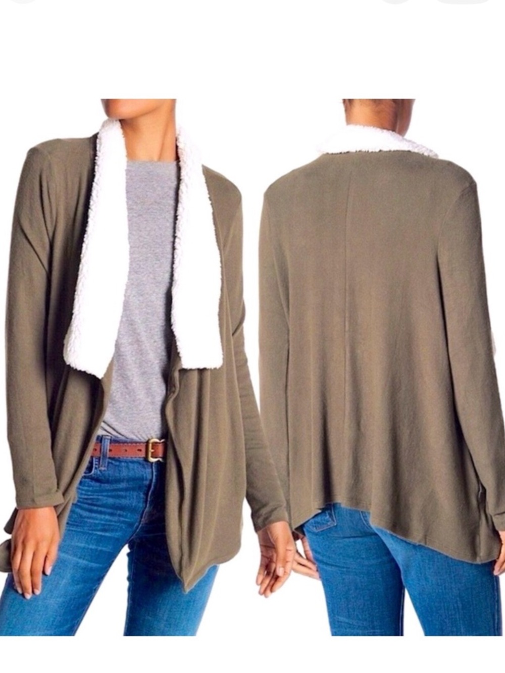 SUSINA Sherpa Faux Fur Trim Shawl Collar Draped Open Front Cardigan Olive Green